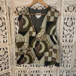 Vintage Silk Men's Geometric All Over Print Silk Vest Minimal Vintage Preppy-L